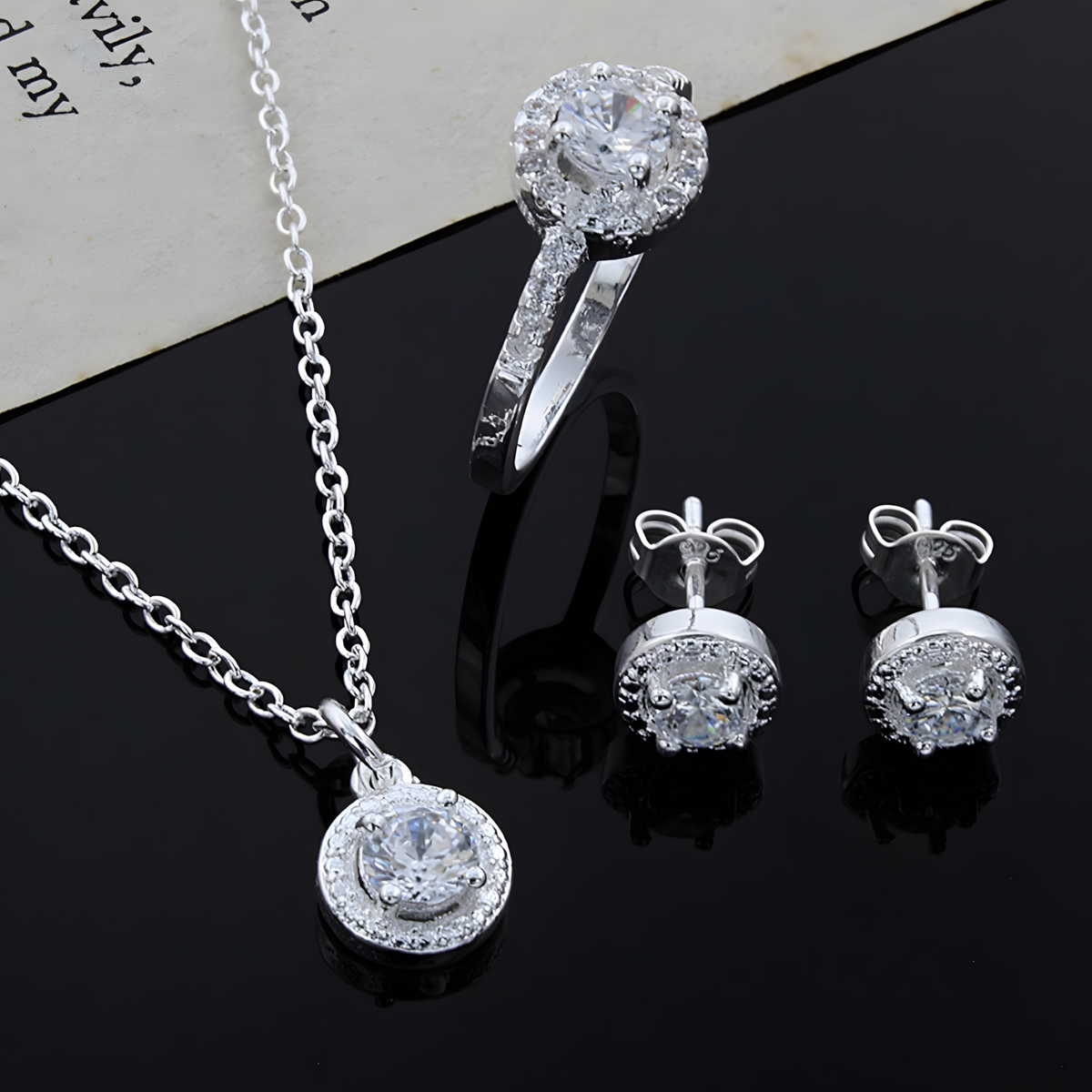 925 Silver-Plated Round Zircon Jewellery Set Halo Necklace, Earrings & Ring 846