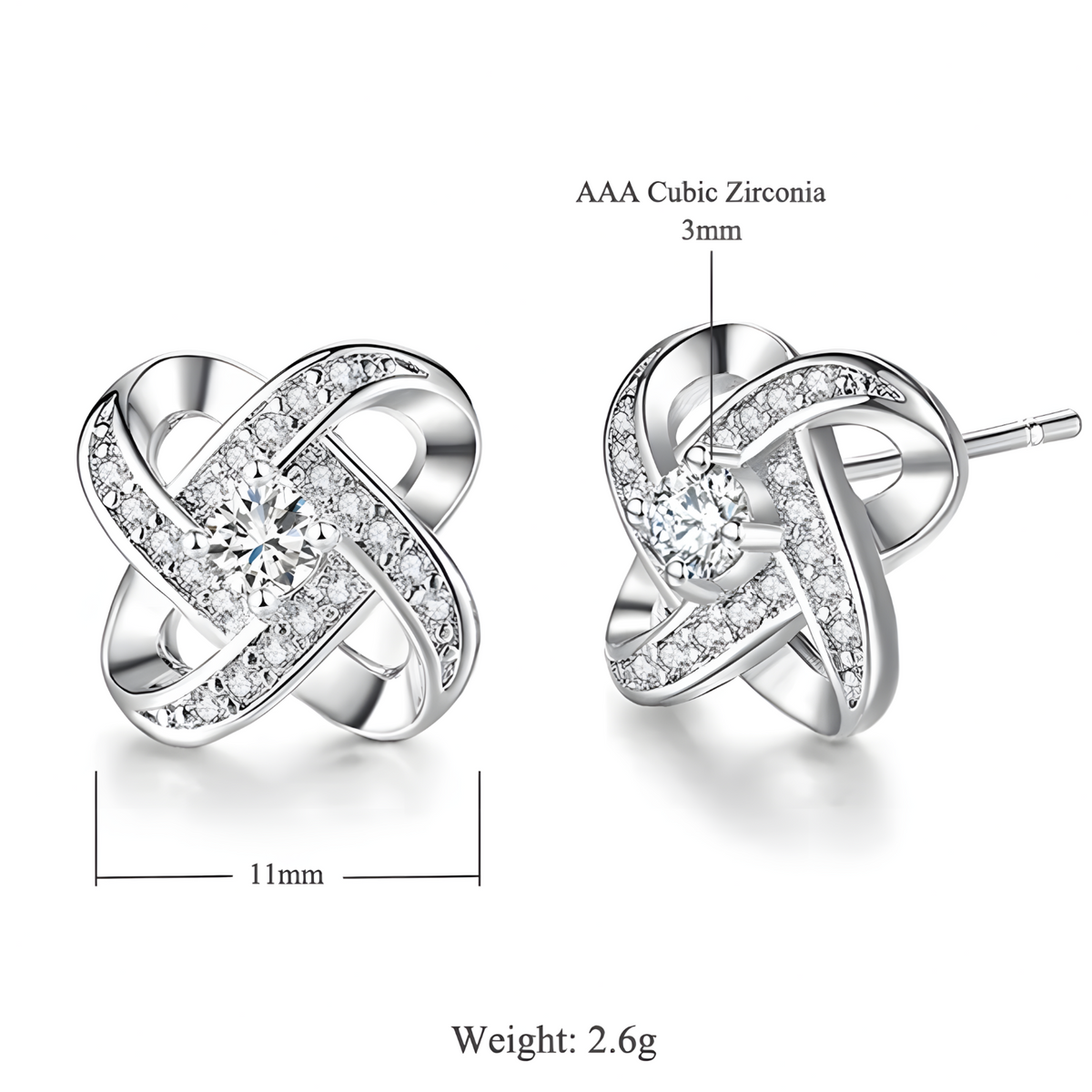 Sterling Silver Knot Stud Earrings AAA Cubic Zirconia  Elegant Infinity Knot 334