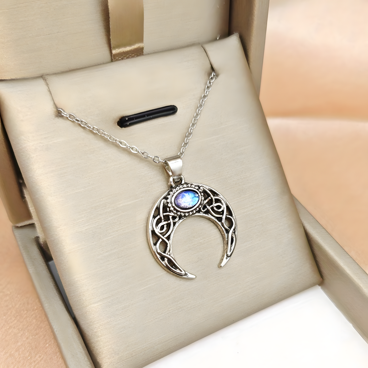 Celtic Crescent Moon Necklace for Women – Zinc Alloy Moon Pendant Blue Opal 1105