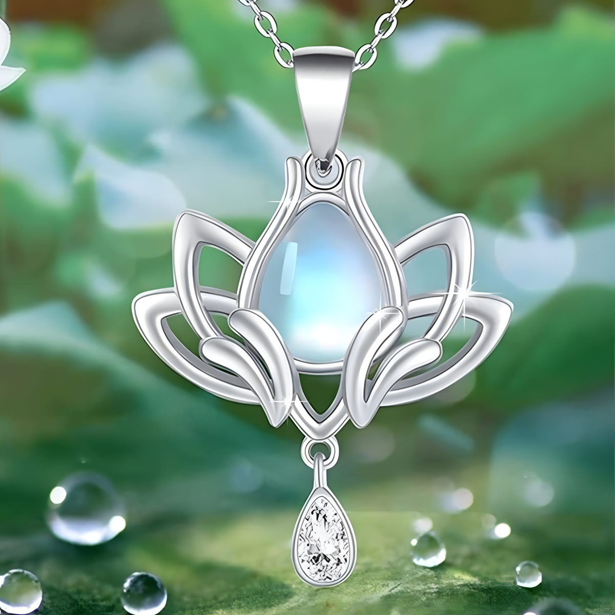Lotus Moonstone Pendant Necklace   Pendant with Simulated Moonstone Centre  1255