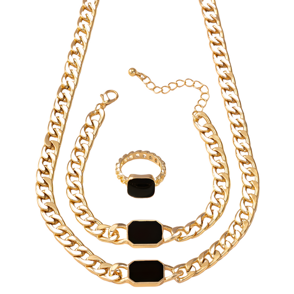 3-Piece Gold Colour Jewellery Set Chain Necklace, Bracelet & Adjustable Ring 728