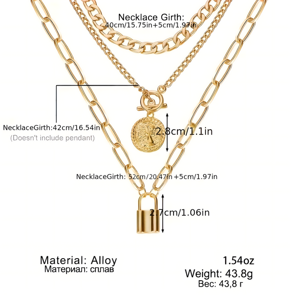 3-Layer Gold Chain Necklace Set Women – Retro Coin & Padlock Pendant Layered 702