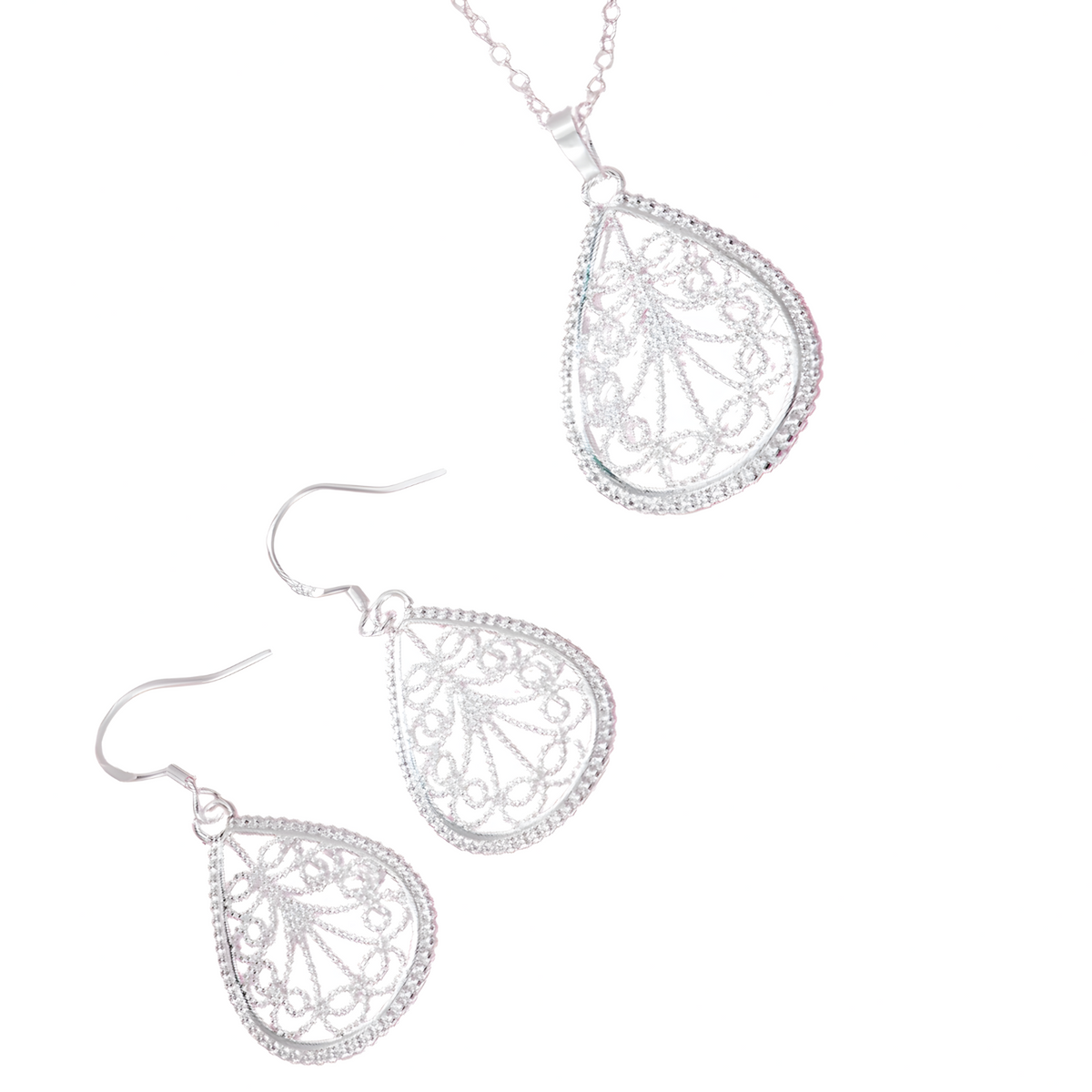 Water Drop Pendant Necklace and Earring Set-Copper Alloy 925 Silver Plating 1202