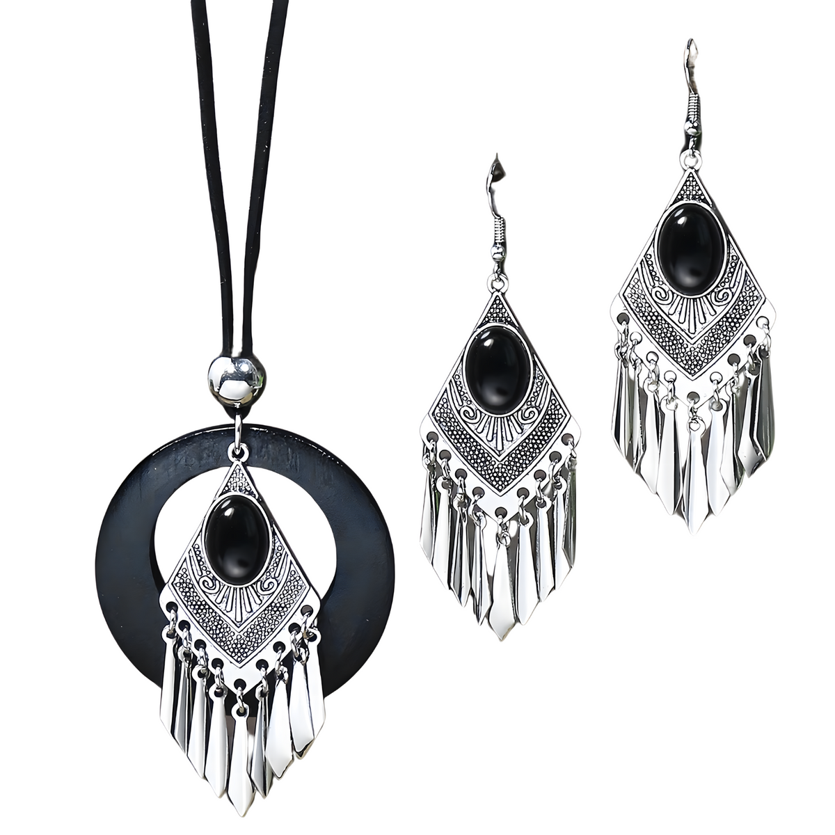 Retro Silver Geometric Tassel Jewelry Set Women –Ethnic Black Stone Necklace 687