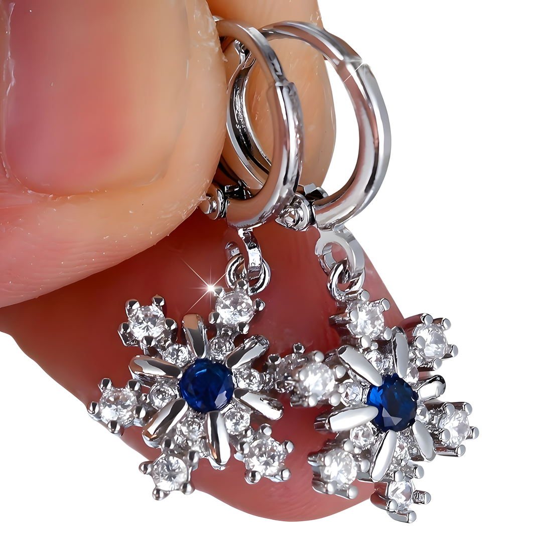 Women's Dangle Hoop Earrings, Blue Zircon Snowflake Drop, Silver Color 665