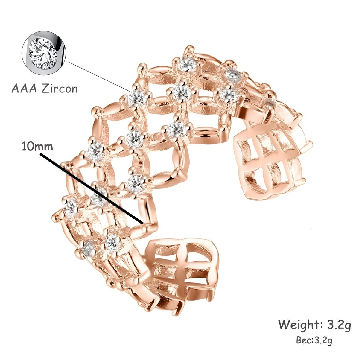 Rose Gold Adjustable Geometric Ring with AAA Cubic Zirconia - Lightweight, 383