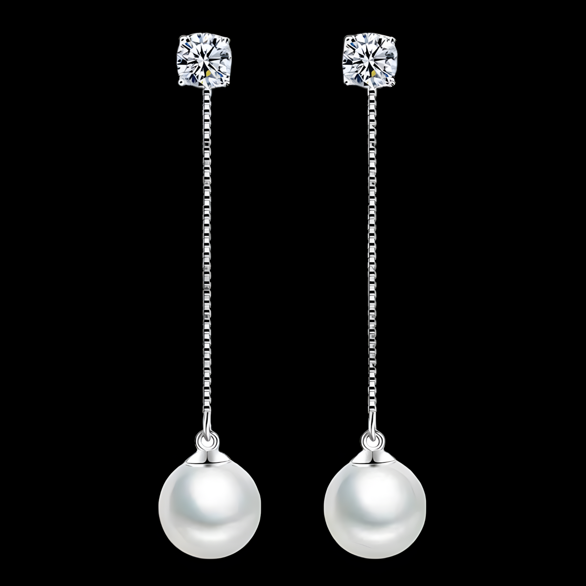 Silver-Plated Pearl Drop Earrings Women Long Chain Dangle Cubic Zirconia 922