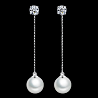 Silver-Plated Pearl Drop Earrings Women Long Chain Dangle Cubic Zirconia 922