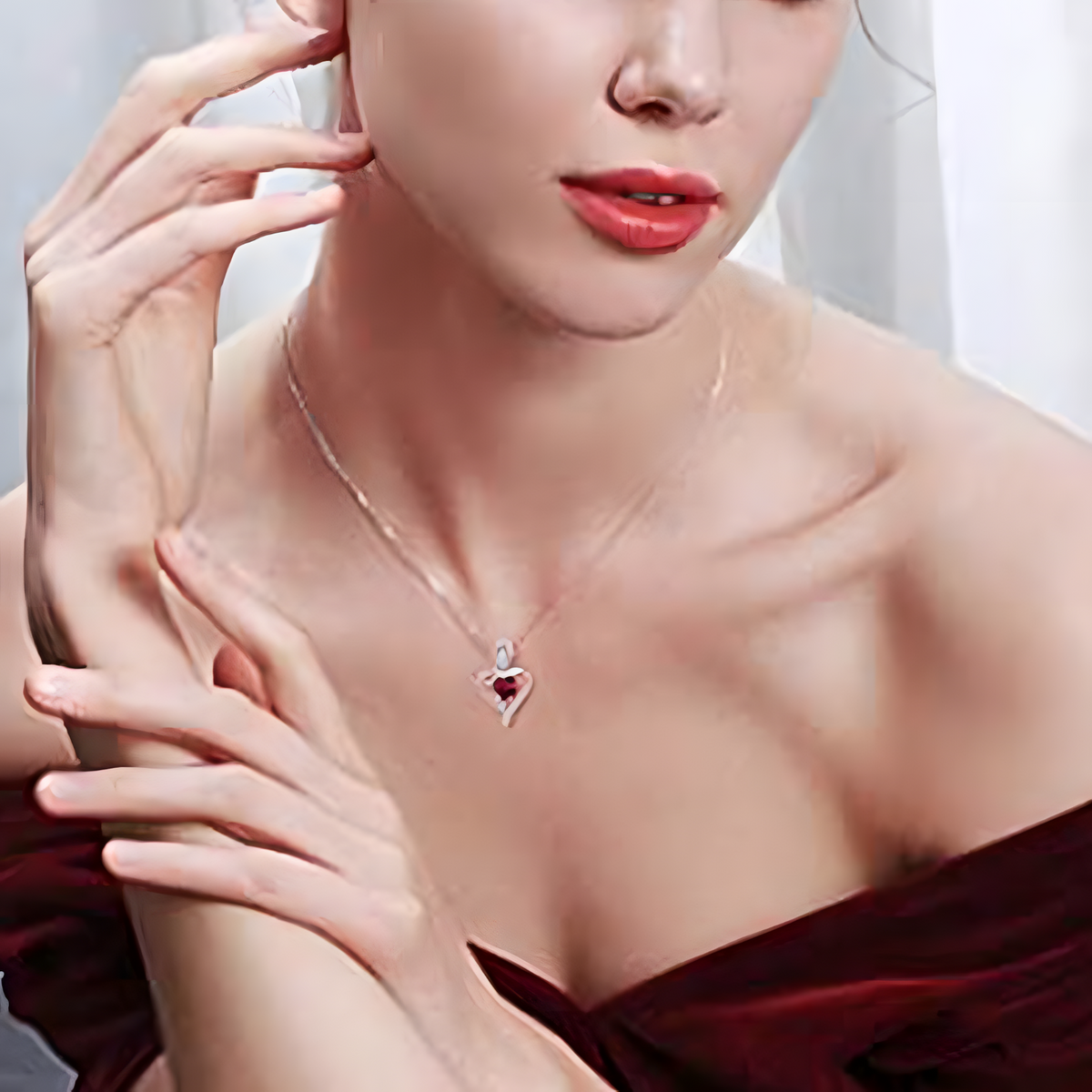 Rose Heart Pendant Necklace for Women –Copper Alloy Heart Necklace with Red 1155