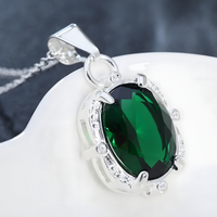 Emerald Green Oval Crystal Look Pendant Necklace For Women Silver Colour 1773