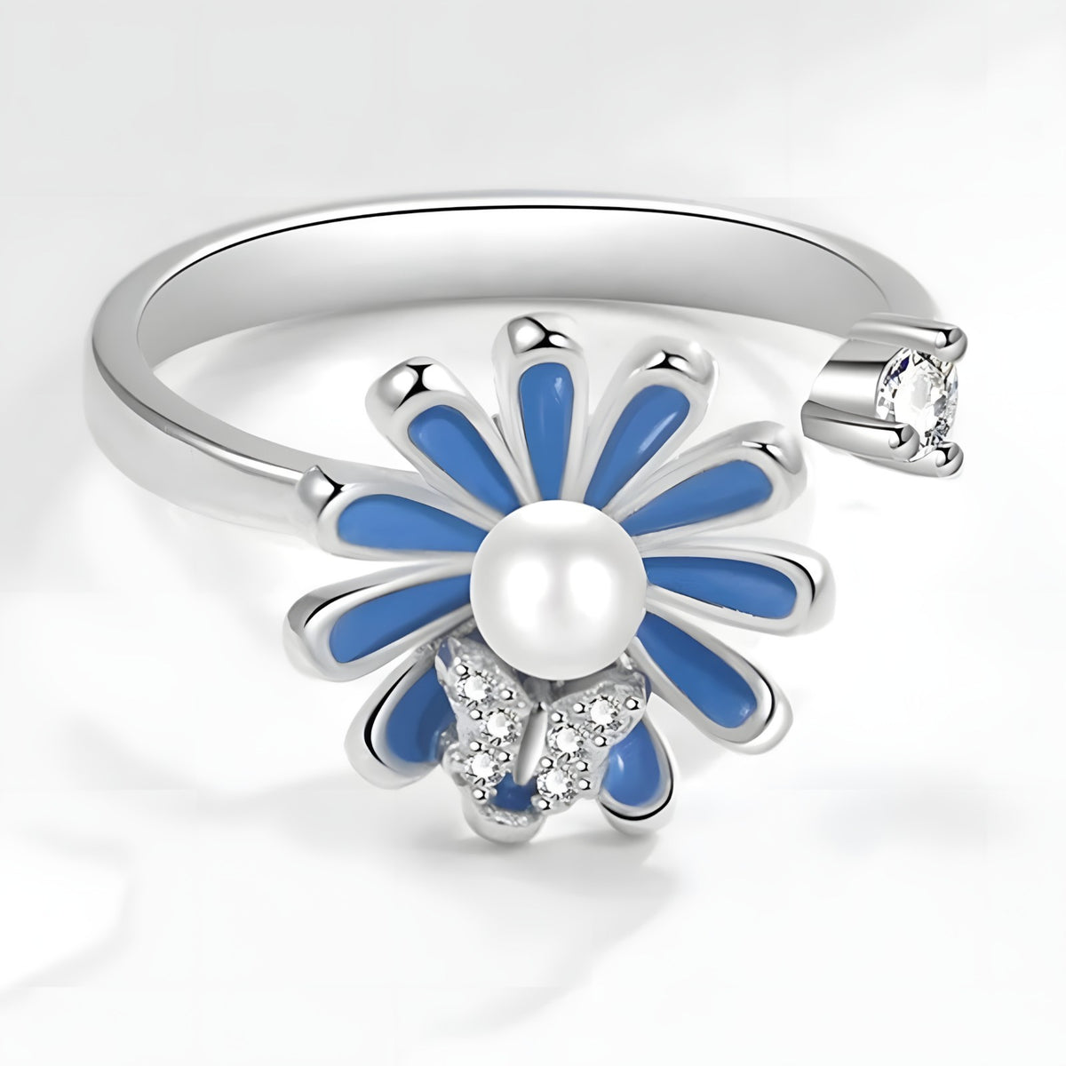 925 Sterling Silver Style, Rotating Flower, Pearl Center, Butterfly Accent 375