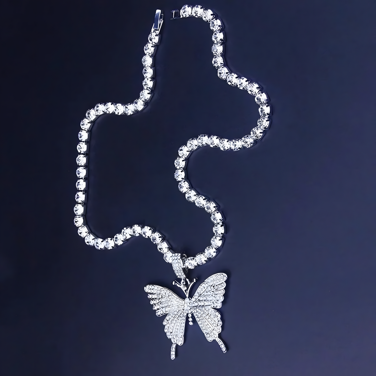 Womens Shiny Butterfly Pendant Necklace Hip Hop Iced Out Silver Tennis Chain 701