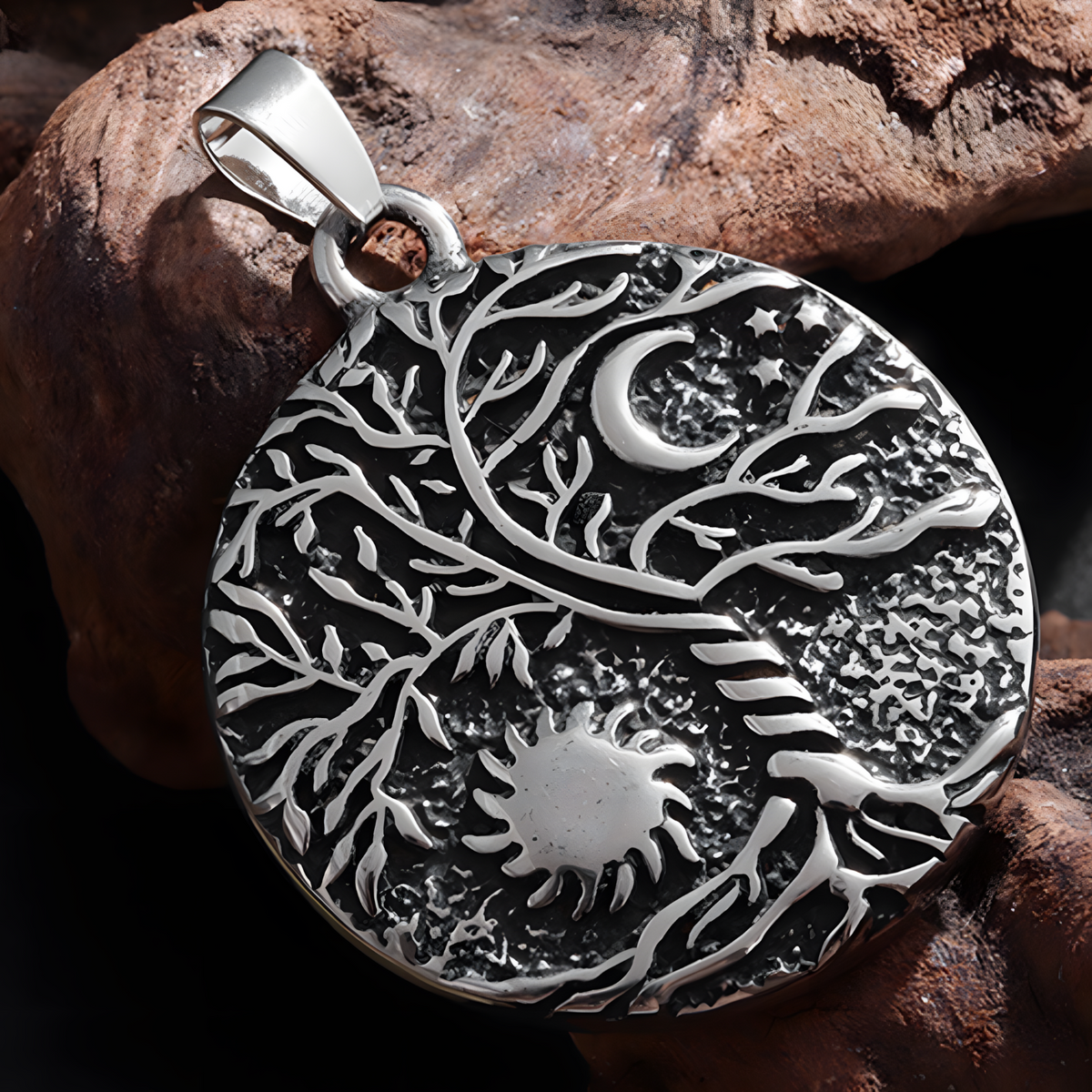 Vintage Tree Of Life Sun And Moon Pendant Necklace Celtic Nordic Round Rune 1093