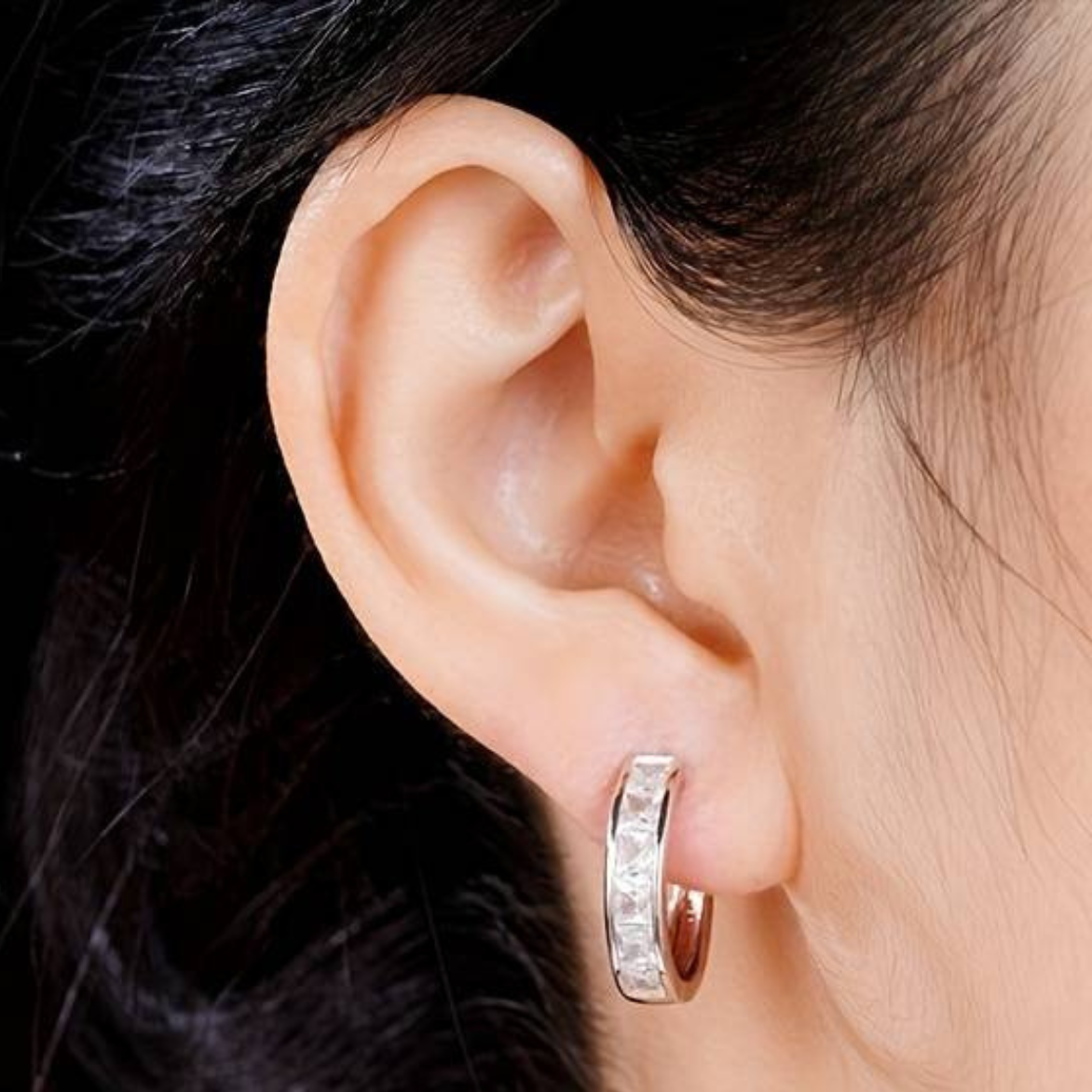 Silver Plated Hoop Earrings with Channel-Set Cubic Zirconia Stones, Sleek 155