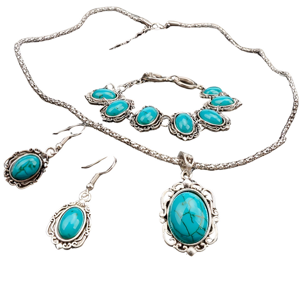3-Piece Vintage Turquoise Jewellery Set Women – Classic Zinc Alloy Necklace 722
