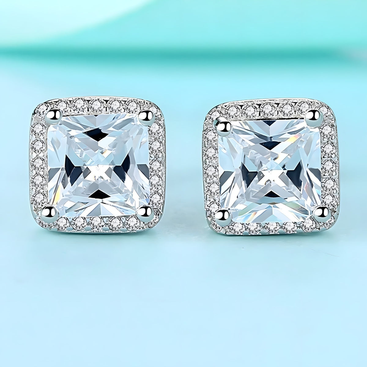 Sterling Silver Princess Cut Cubic Zirconia Stud Earrings Halo Setting 338