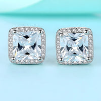 Sterling Silver Princess Cut Cubic Zirconia Stud Earrings Halo Setting 338
