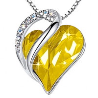 Women Silver Tone Alloy Necklace With Yellow Crystal Heart Charm Link Chain B315