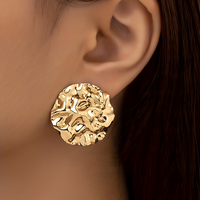 Molten Gold Textured Round Earrings Women – 3cm Classic Geometric Stud Style 774