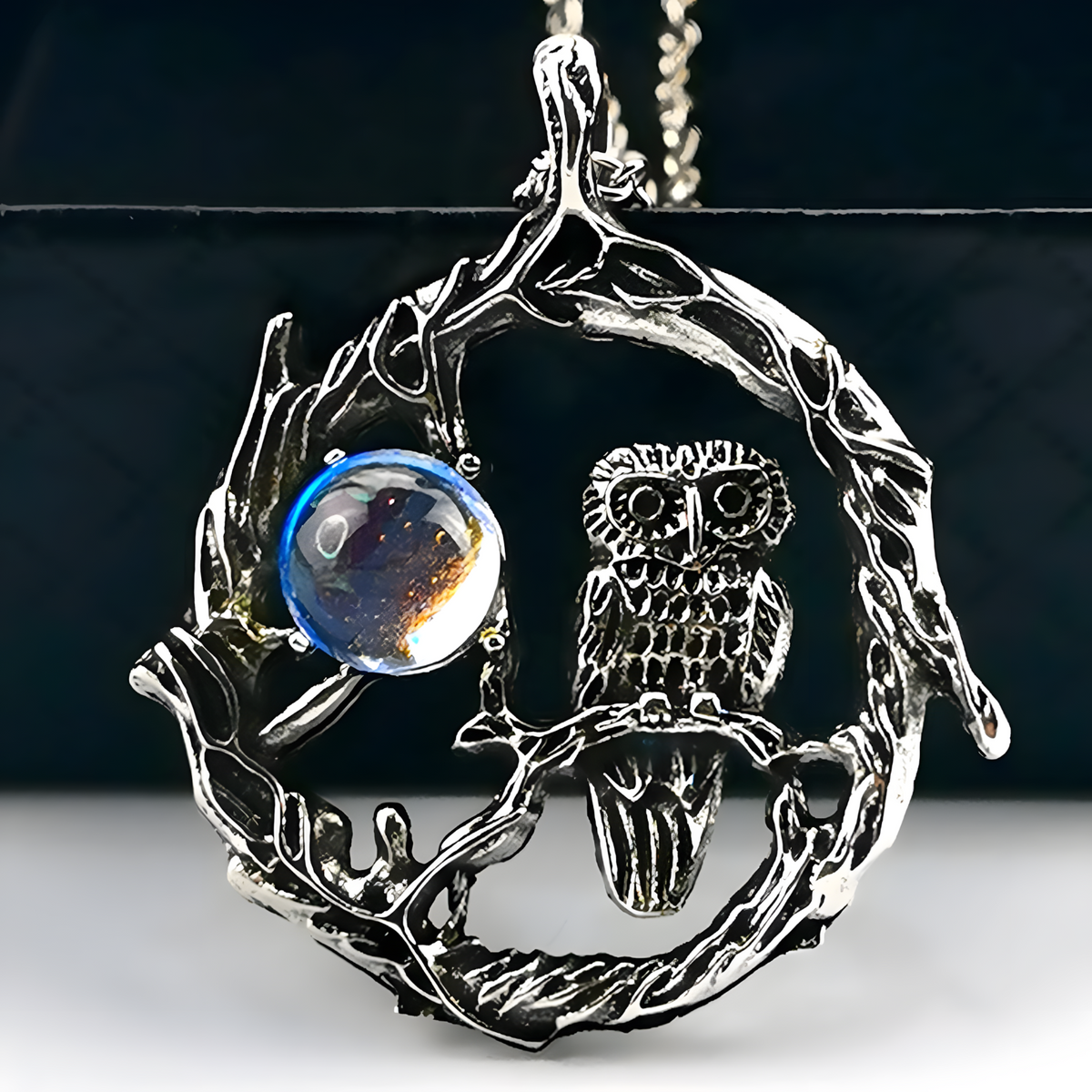 Zinc Alloy Natural Stone Owl Necklace for Women – Silver Tone Crescent Moon 1091