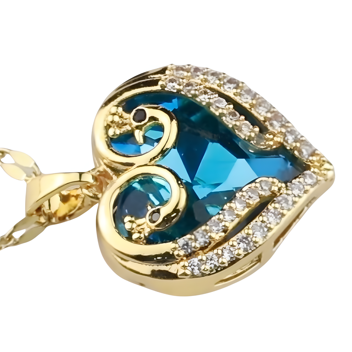 18K Gold Inlaid Cubic Zirconia Heart Pendant Necklace Blue Crystal Heart 1309