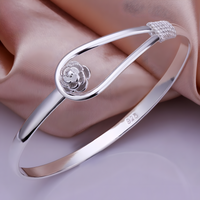 925 Silver-Plated Flower Bangle Women Elegant Plant Design Bracelet, Copper 904