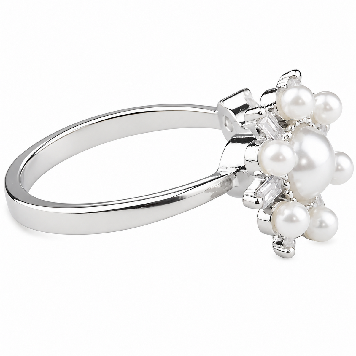 Silver Tone Pearl Sunburst Ring Adjustable Open Ring with Baguette Crystal 1593