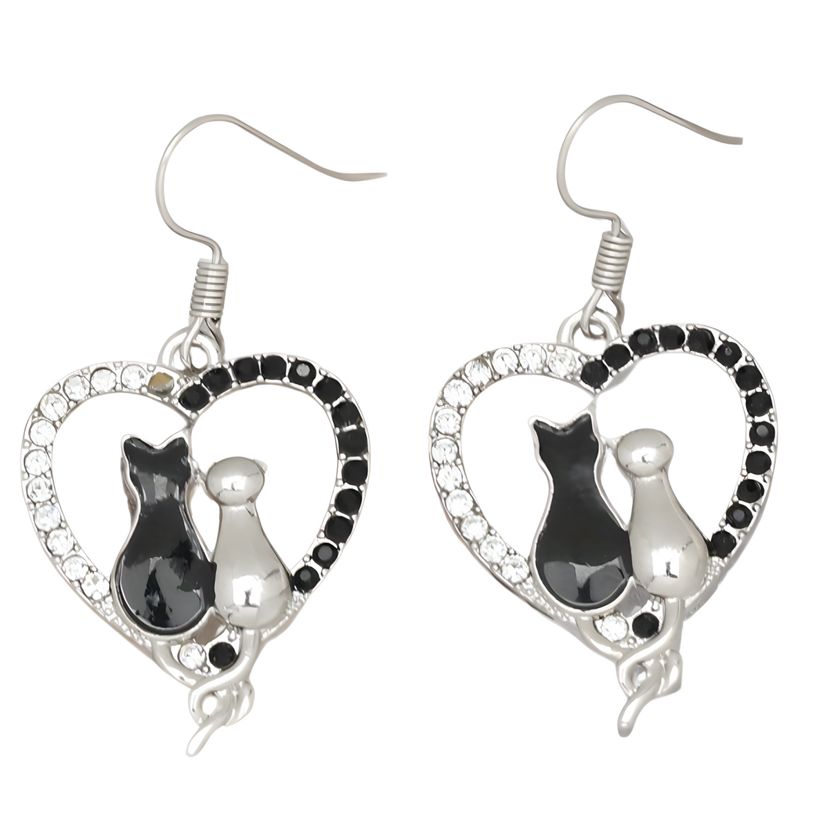 Black & White Cat Heart Dangle Earrings for Women –Zinc Alloy Silver Colour 1169