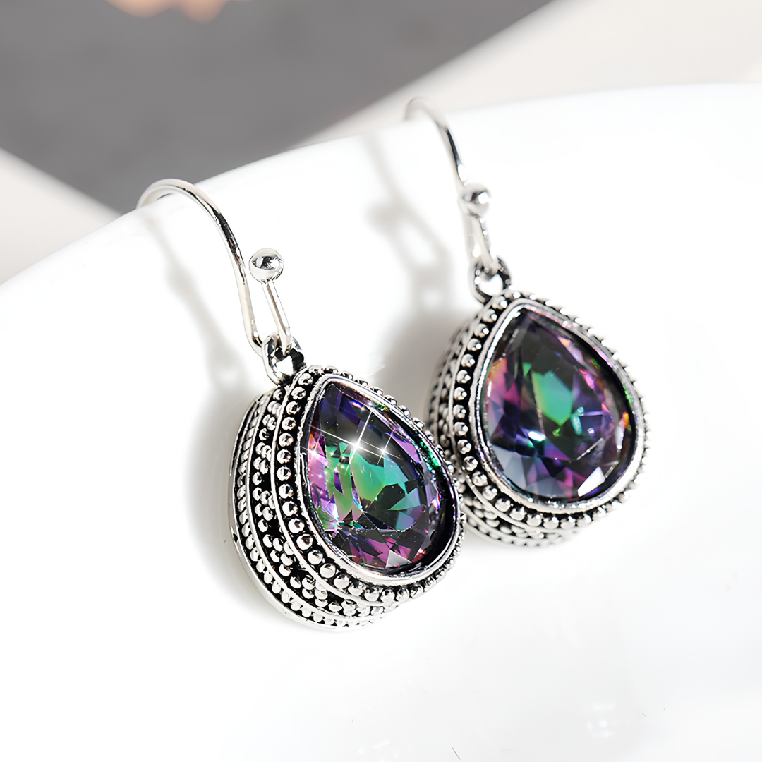 Teardrop Crystal Earrings For Women, Silver Tone Vintage Beaded Drop Dangle B352