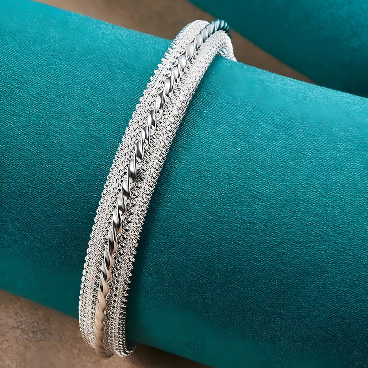 Sterling Silver Mesh Cuff Bracelet, Woven, Turquoise Accents, Adjustable 401