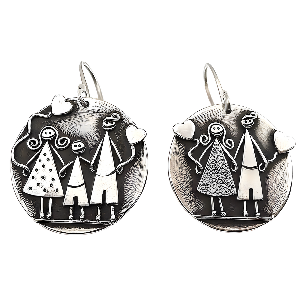 Family Love Dangle Earrings- Textured Round Disc & Heart Charm Drop Earring 1498