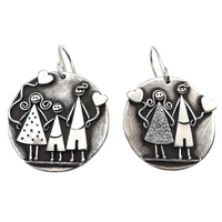 Family Love Dangle Earrings- Textured Round Disc & Heart Charm Drop Earring 1498