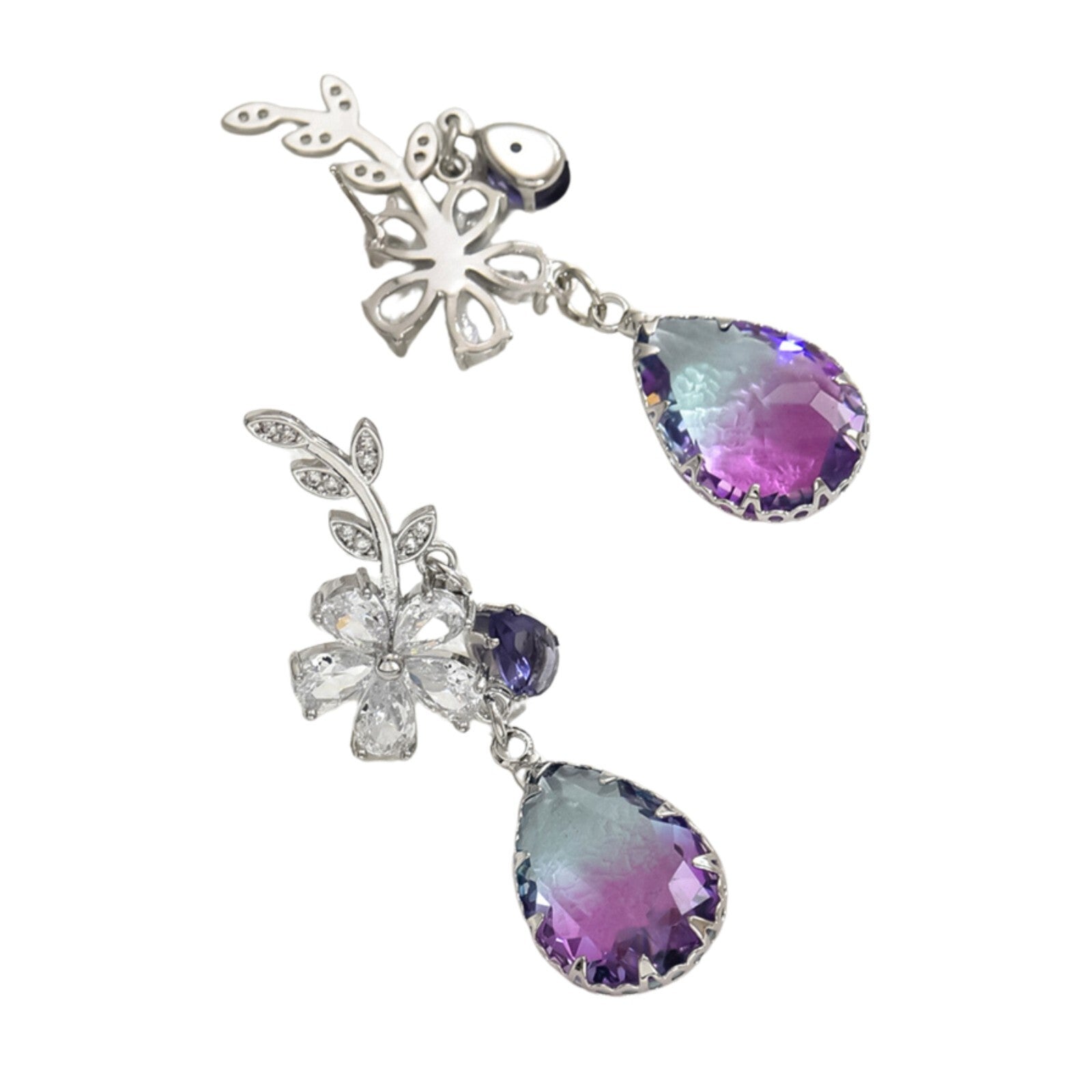 Statement Drop Earrings for Women Silver Plated, Purple & Clear CZ Crystals 294