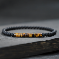Natural Stone Chakra Bracelet, 4mm Black Onyx Matte Beads Tiger Eye Accents B123