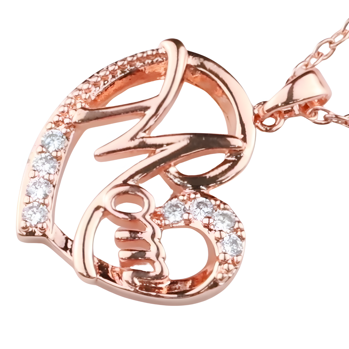 Mom Heart Pendant Necklace Rose Gold Plated Link Chain Cubic Zirconia 1360