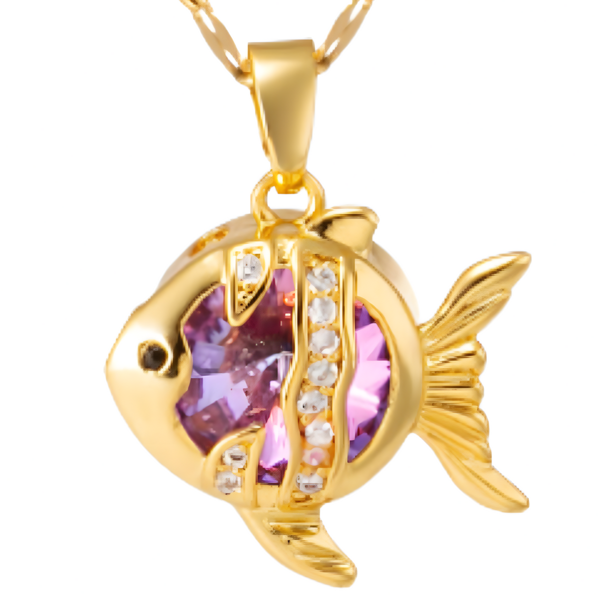 Stainless Steel Gold Colour Fish Pendant Necklace Women – Purple Crystal 1177