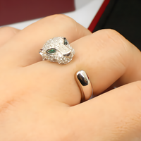 Leopard Head Open Adjustable Ring For Women Silver Colour Green Eye Animal 1755