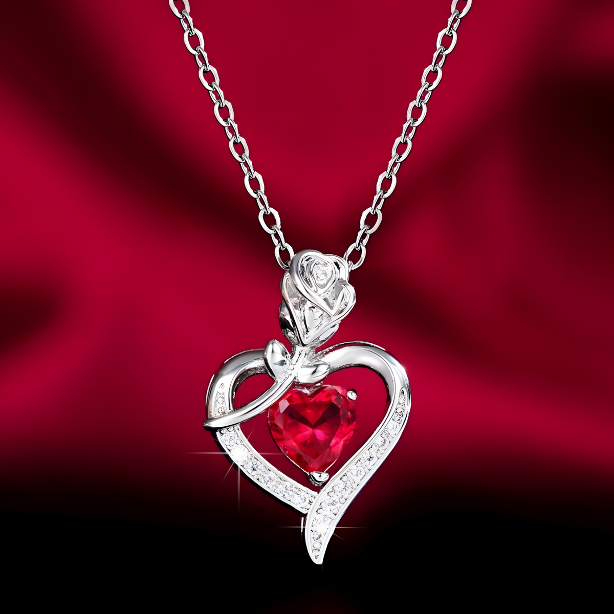 Rose Heart Pendant Necklace for Women –Copper Alloy Heart Necklace with Red 1155
