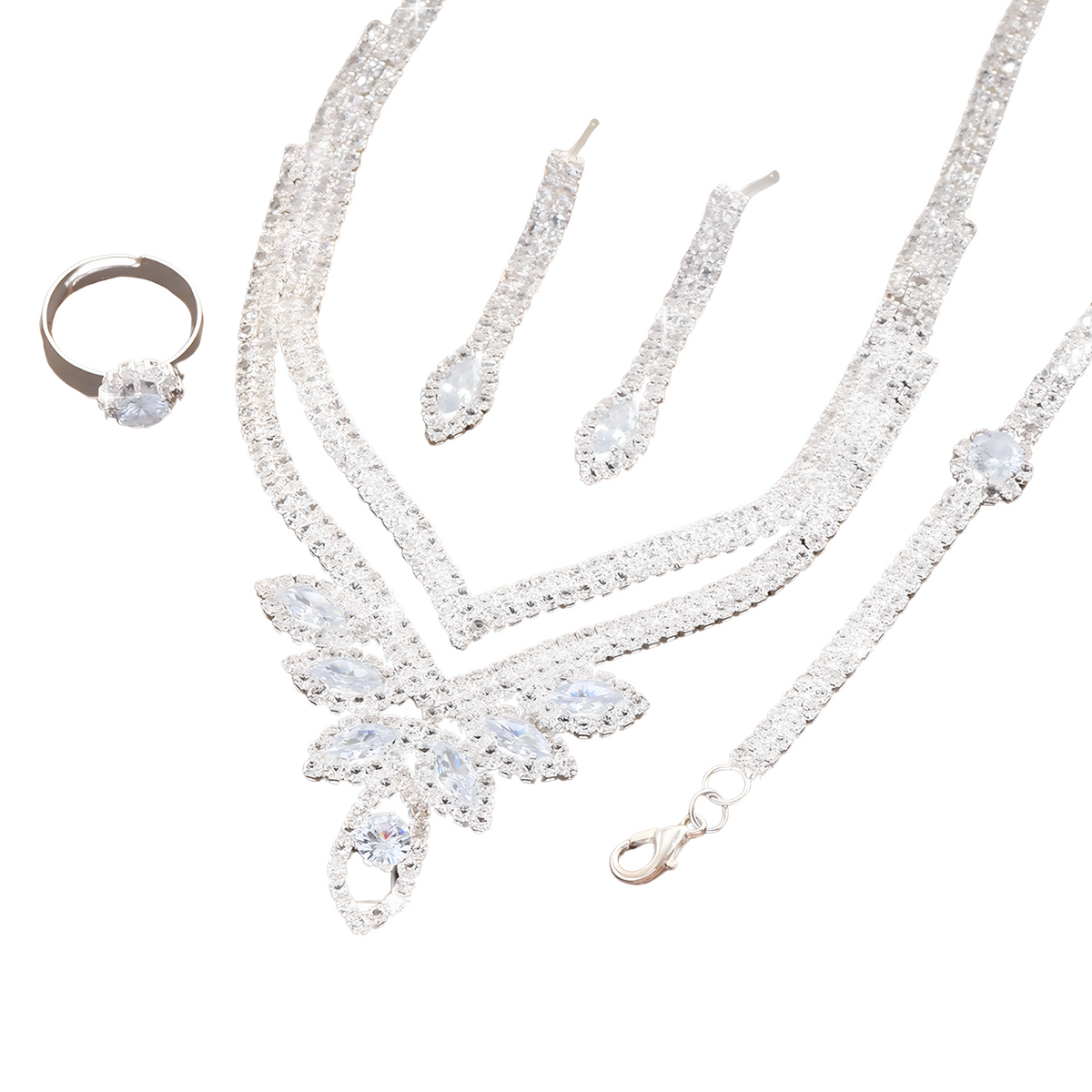 4PC Rhinestone Jewelry Set Women, Silver-Tone Leaf Claw Chain Dangle Earring 635