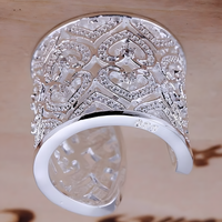 Silver Plated Alloy Wide Filigree Open Cuff Ring Women, Adjustable Resize 1195