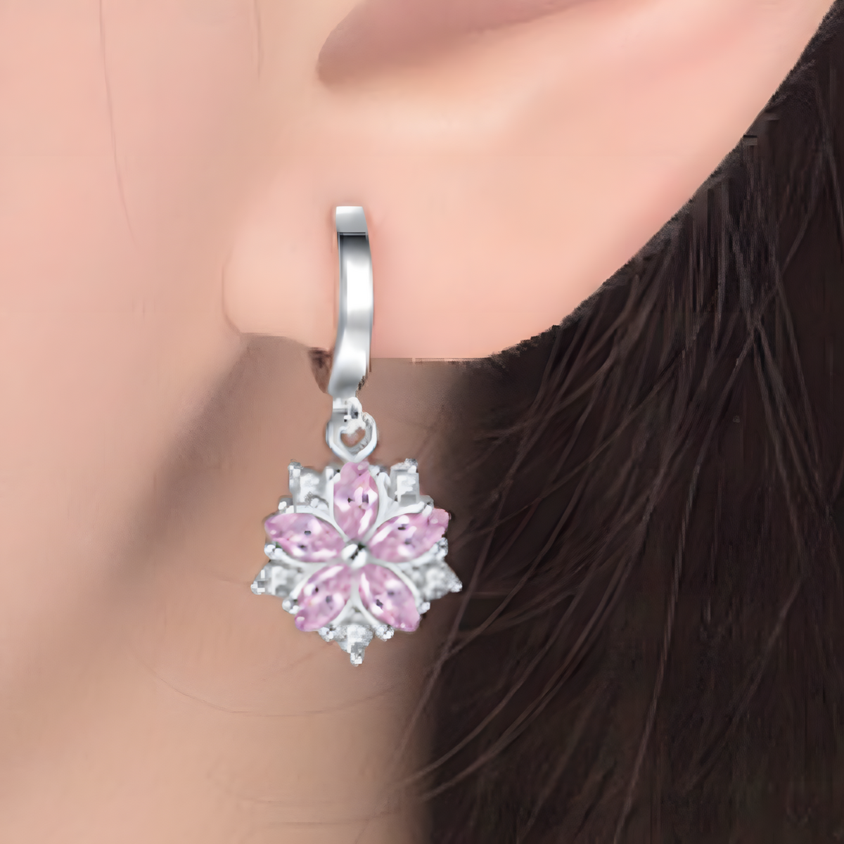 925 Silver-Plated Alloy Pink Petal Zircon Crystal Flower Earrings for Women 1047