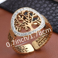 Gold Tree of Life Ring – Adjustable Stainless Steel Open Band Clear Crystal 842