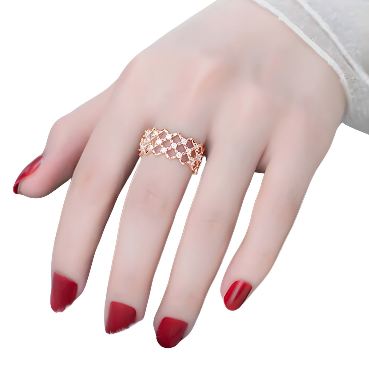 Rose Gold Adjustable Geometric Ring with AAA Cubic Zirconia - Lightweight, 383