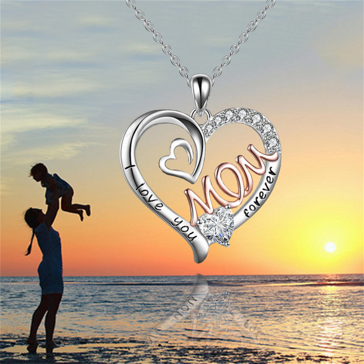 “I Love You Mom Forever” Heart Pendant Necklace – Cubic Zirconia Crystal B86