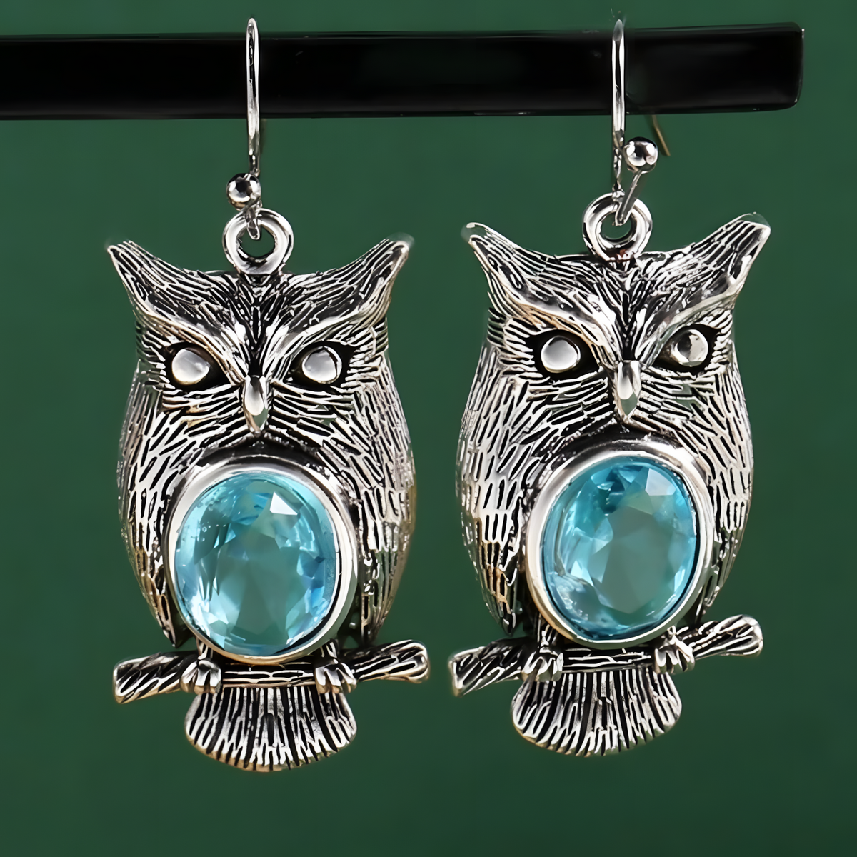 Vintage Silver Owl Dangle Earrings for Women Blue Stone Accent Hook Closure B52