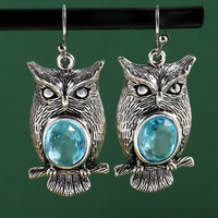 Vintage Silver Owl Dangle Earrings for Women Blue Stone Accent Hook Closure B52