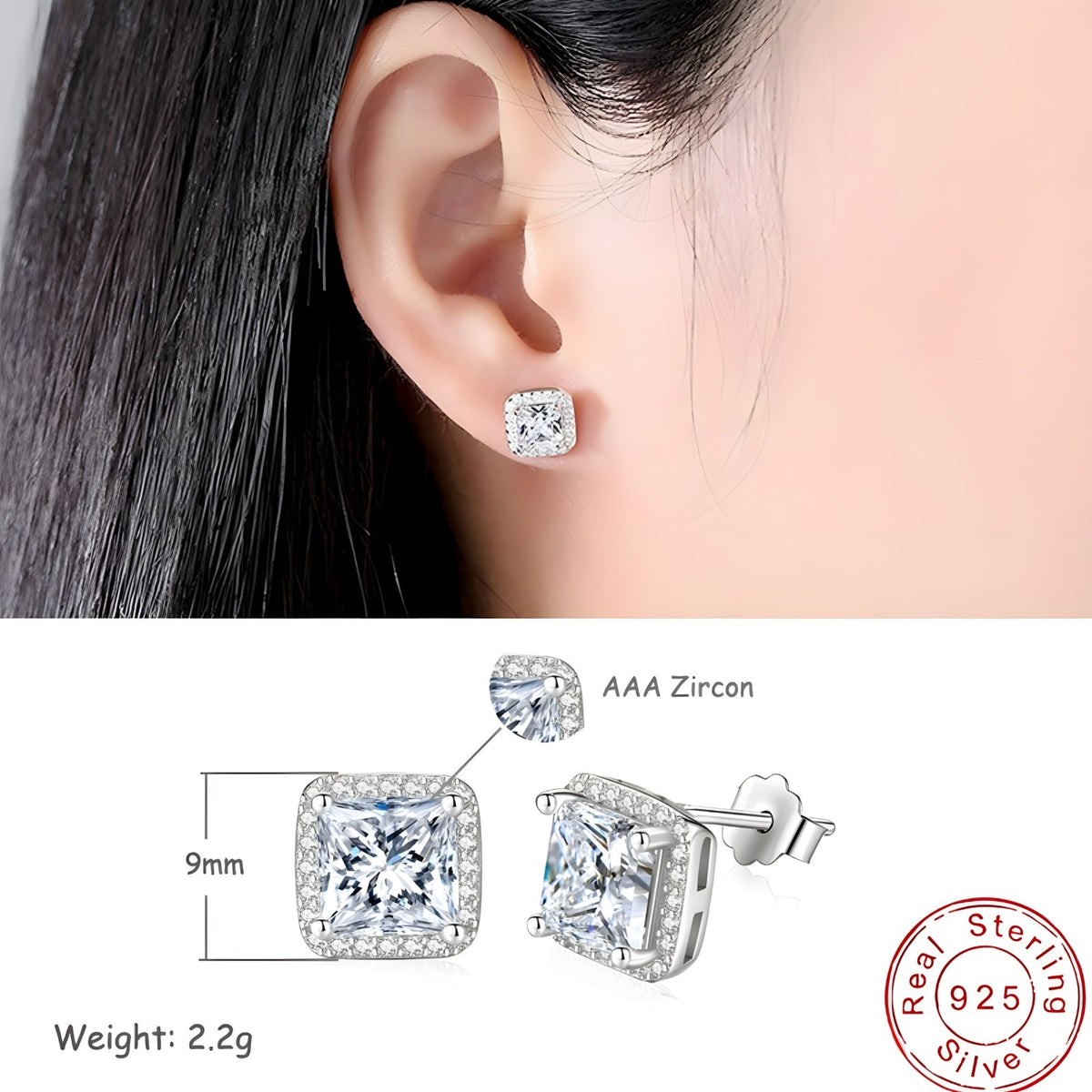 Sterling Silver Princess Cut Cubic Zirconia Stud Earrings Halo Setting 338