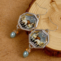 Vintage Dog Print Drop Earrings for Women – Handmade Octagon Dangle Earrings B3