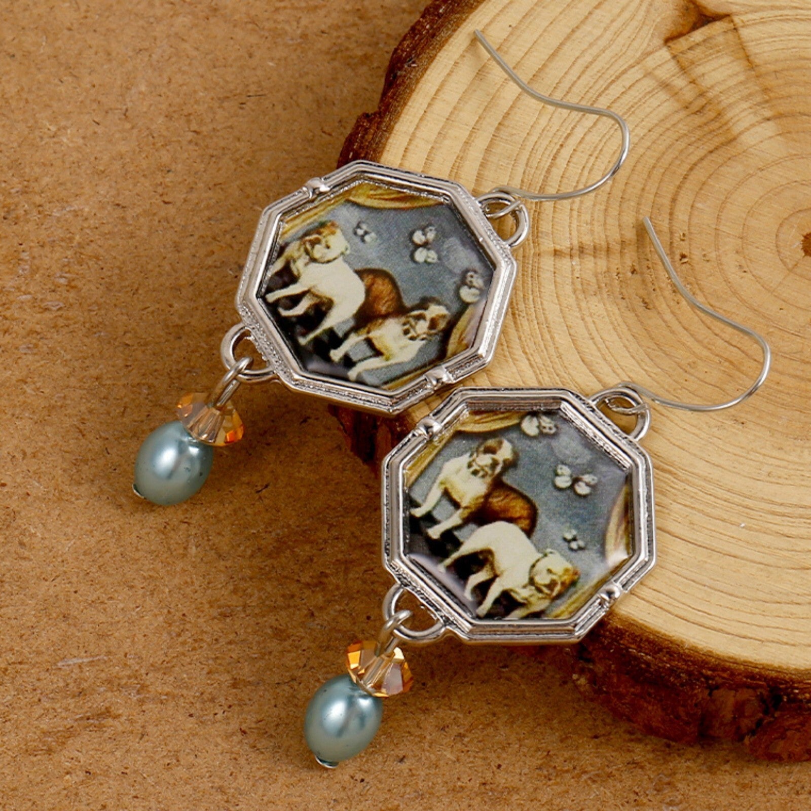 Vintage Dog Print Drop Earrings for Women – Handmade Octagon Dangle Earrings B3