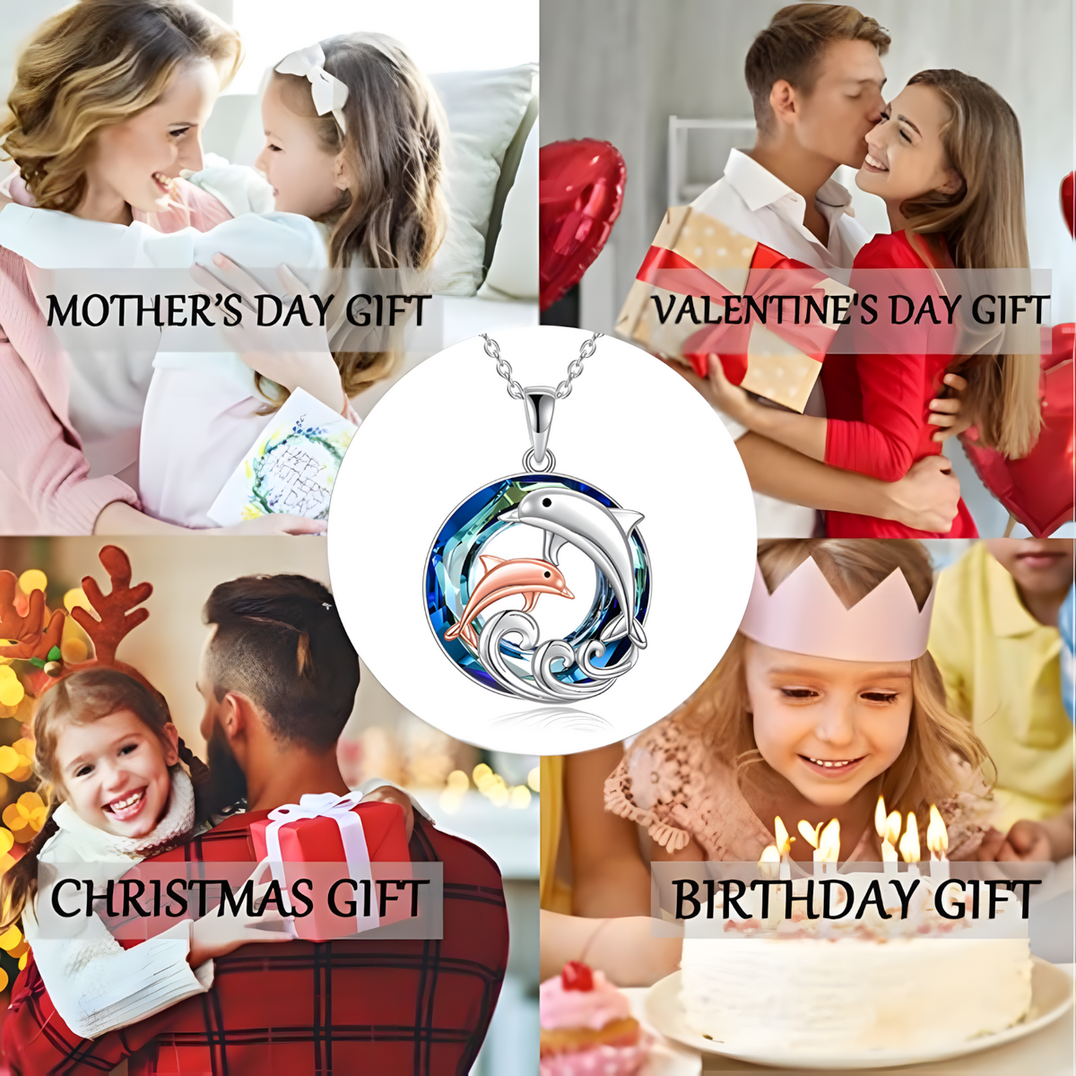 Dolphin Mother & Baby Pendant Necklace Women Zinc Alloy Animal Ocean Wave 1084